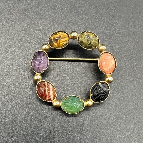 Vintage Brooch Pin Alice Caviness Gold Filled Scarab Egyptian Revival Gemstones - Picture 2 of 9